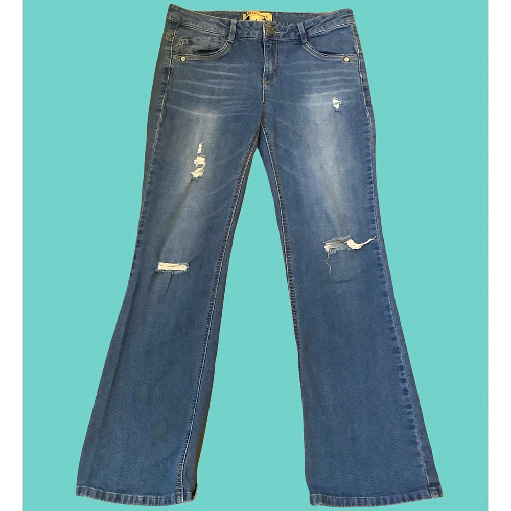 Democracy Womens Flared Jeans Blue Medium Wash Western Distressed Boot Cut Sz 6